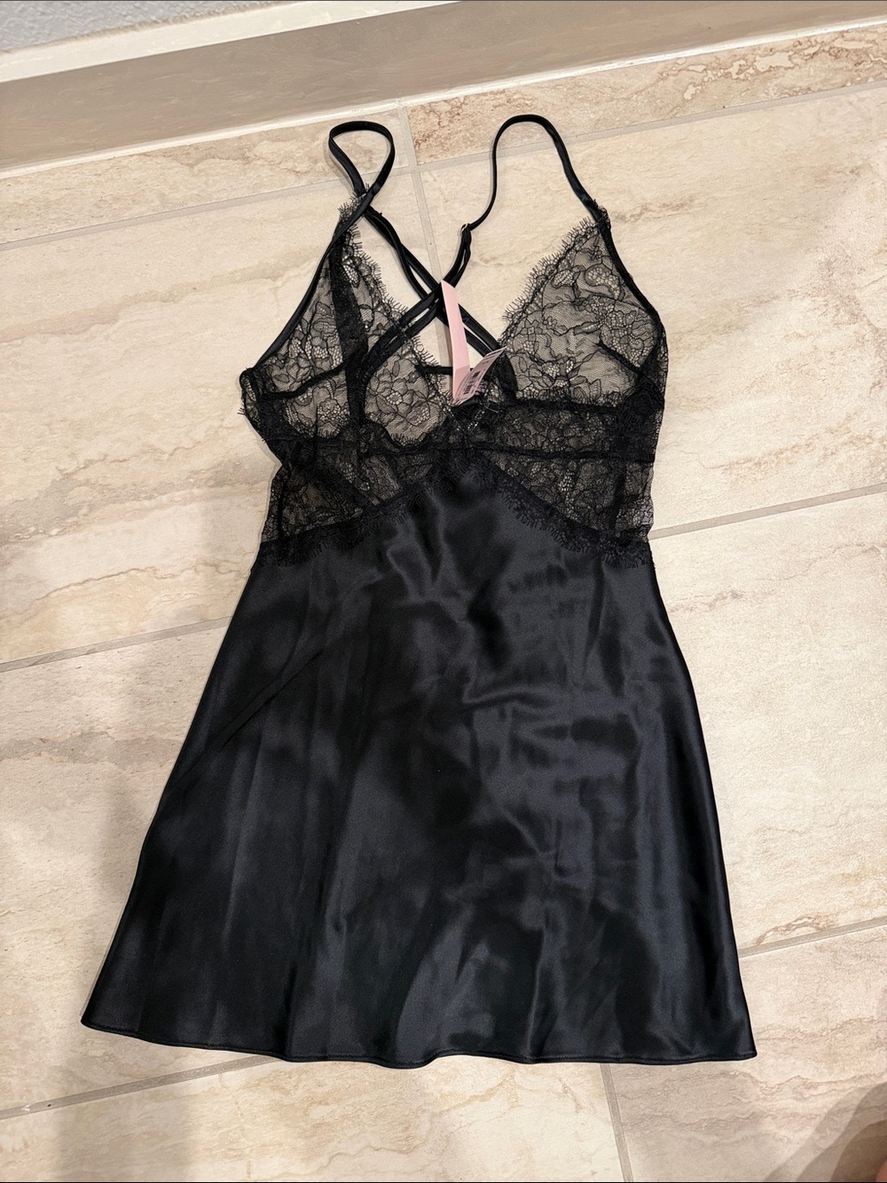 Victorias Secret NWT Black Satin & Lace Slip Chemise Nightgown